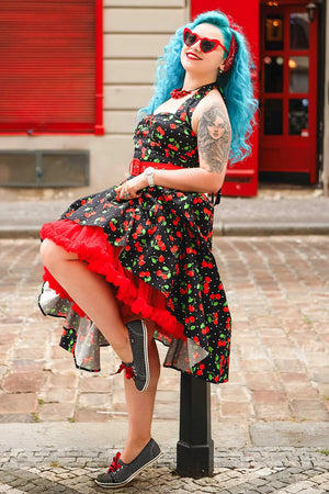 Daisy Red Cherry Halter Dress In Black with Cherry Print