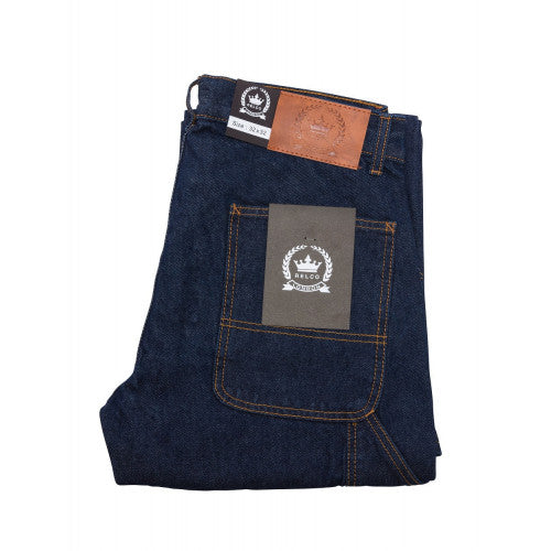 Folded pair of dark blue Carpenter style jeans 
