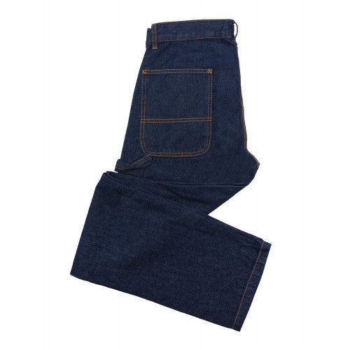 Folded pair of dark blue carpenter style jeans on a white background