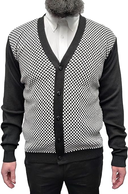 Relco Men’s Checkerboard Cardigan – Black & White Retro Mod Style – Cotton Acrylic Blend