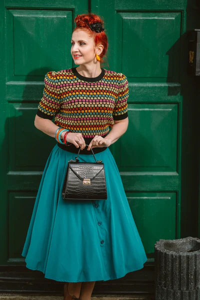 The "Claudette" Short Sleeve Pullover Jumper in Multi Colour Knit, Classic 1940s & 50s Vintage Style