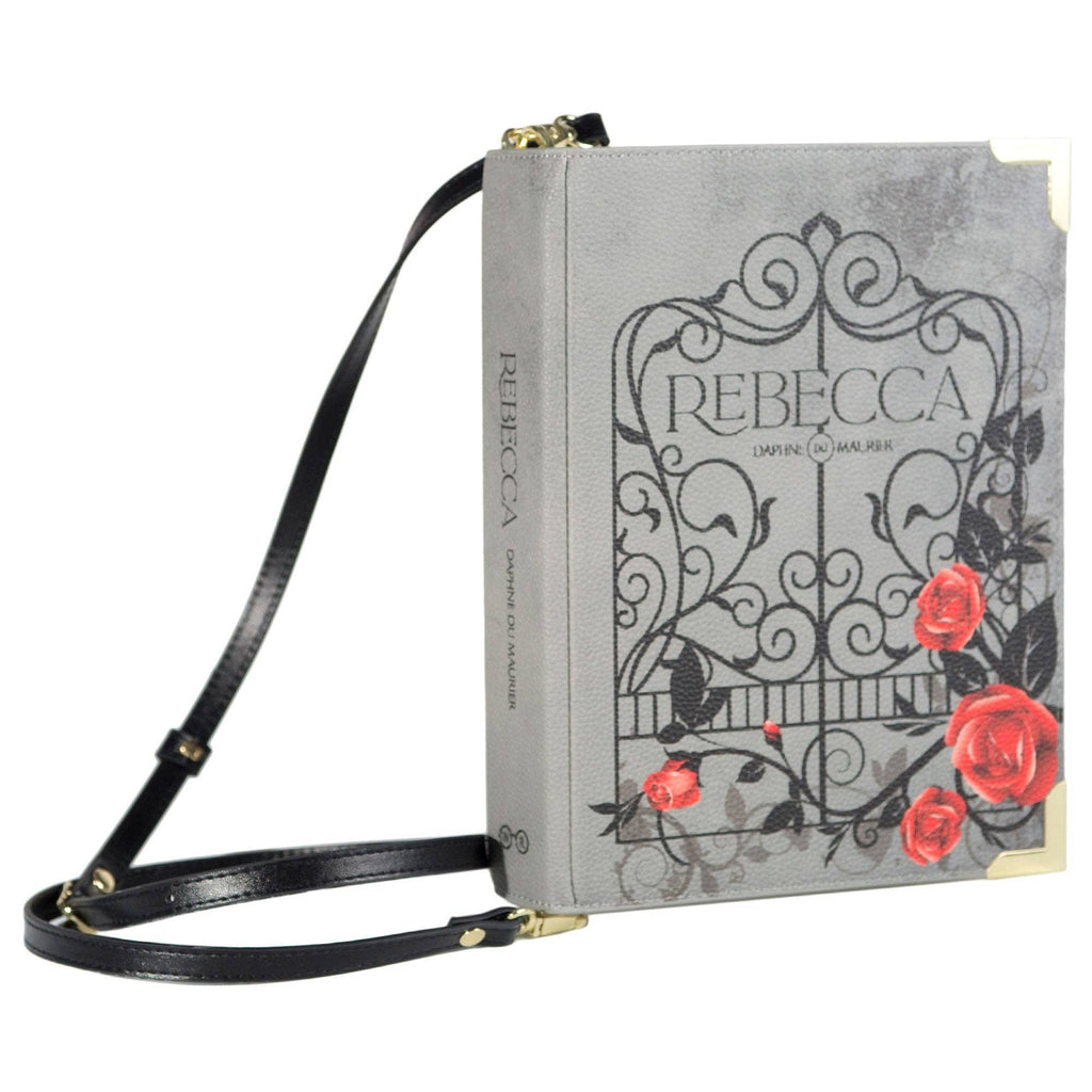Book-shaped handbag with 'Rebecca' design and red roses on a white background