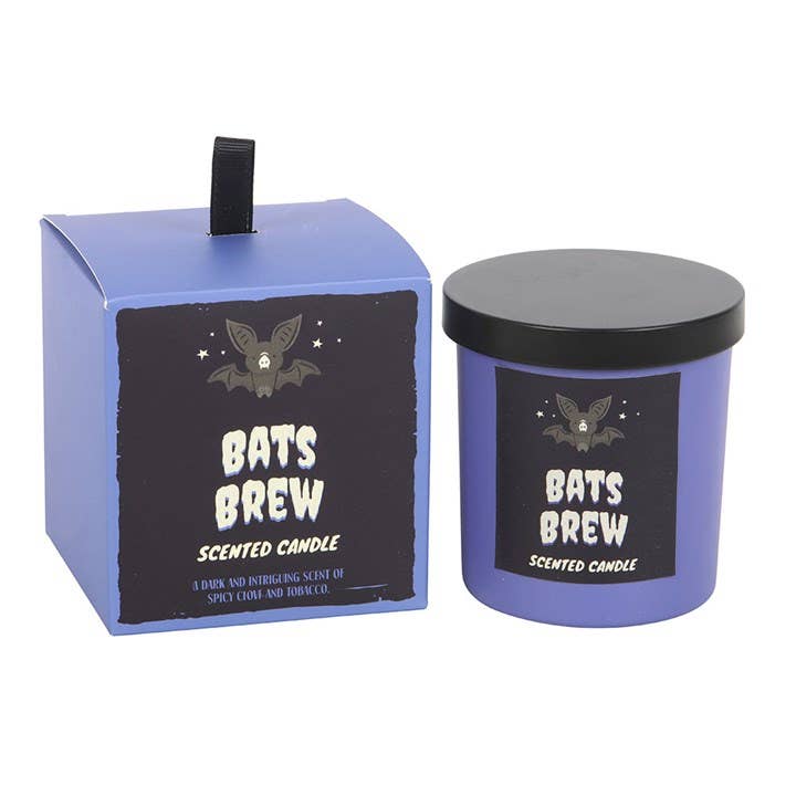 Scented candle labeled 'Bats Brew' with packaging on a white background