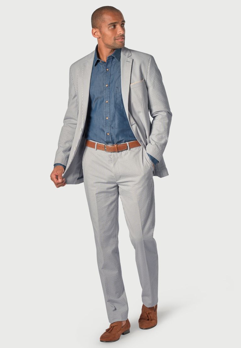 Tailored Fit Drewett Blue Striped Cotton Stretch Seersucker Jacket