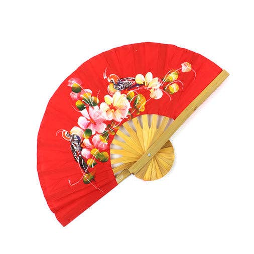Red fan with floral design on a white background