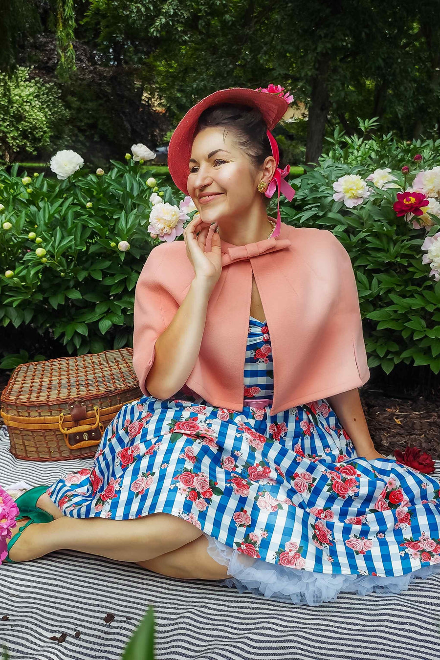 Lily Floral Off Shoulder Dress In Blue Gingham