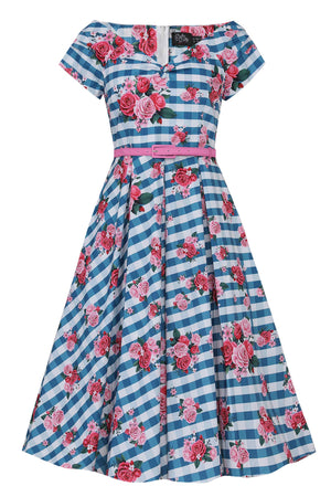 Lily Floral Off Shoulder Dress In Blue Gingham