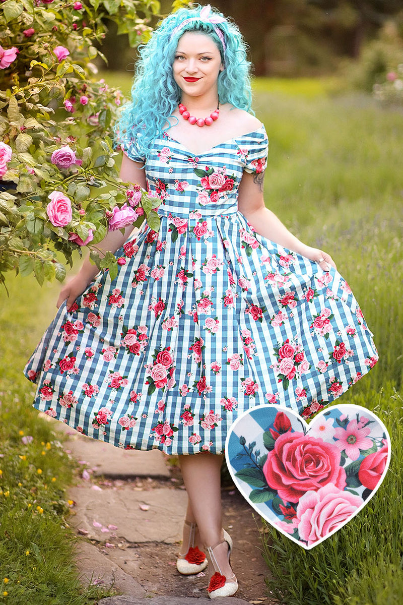 Lily Floral Off Shoulder Dress In Blue Gingham RetroEsque Lily Floral Off Shoulder Dress In Blue Gingham RetroEsque