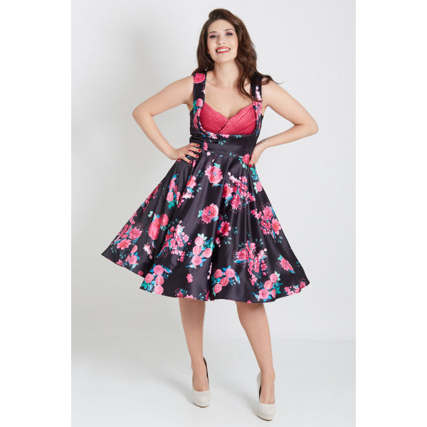 Grace Vintage Style Jive Dress In Black Pink Floral