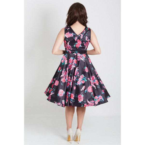 Grace Vintage Style Jive Dress In Black Pink Floral