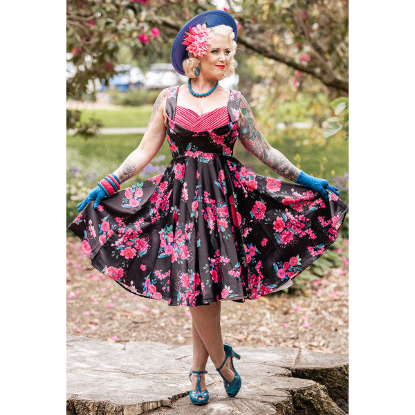 Grace Vintage Style Jive Dress In Black Pink Floral