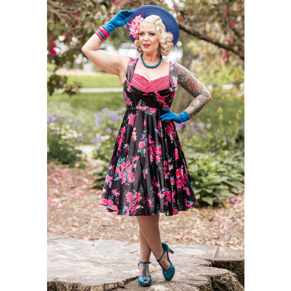 Grace Vintage Style Jive Dress In Black Pink Floral