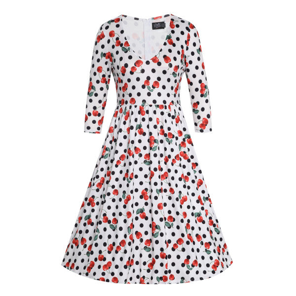 Billie Long Sleeved Dress in White Cherry & Polka Print