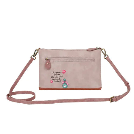 Pink crossbody bag with text and design on a white background