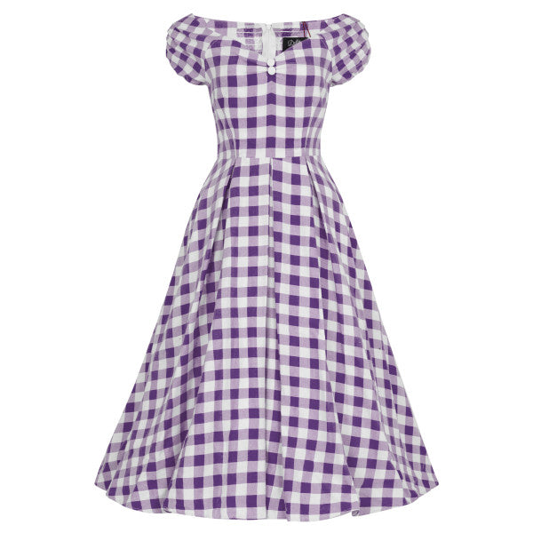 Lily Off Shoulder Purple Gingham Swing Dress