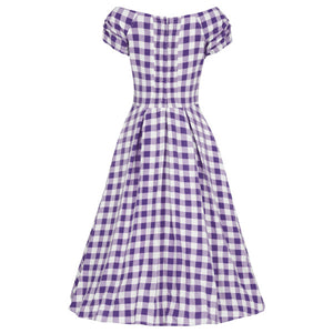 Lily Off Shoulder Purple Gingham Swing Dress