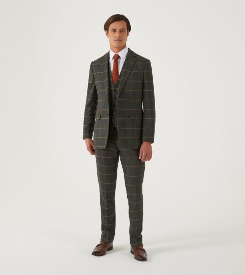 WARRINER SUIT TAILORED JACKET OLIVE WINDOWPANE CHECK