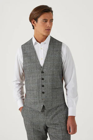SKOPES ROWAN WOOL BLEND HERRINGBONE WAISTCOAT WITH OVER CHECK GREY