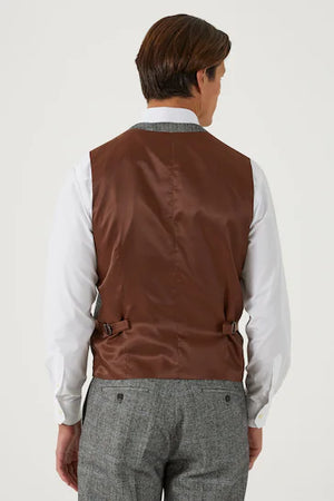 SKOPES ROWAN WOOL BLEND HERRINGBONE WAISTCOAT WITH OVER CHECK GREY