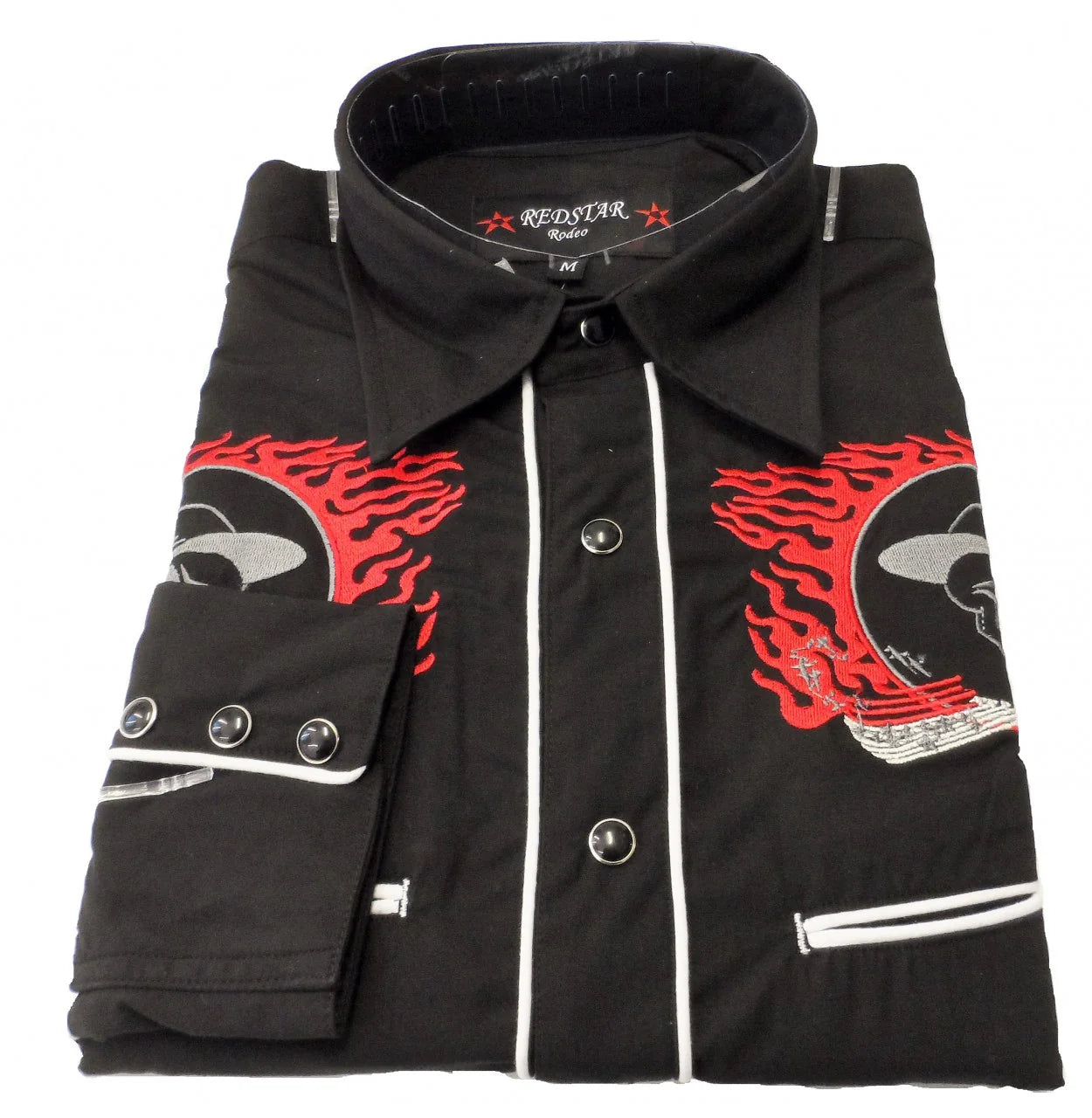 Black shirt with red and white designs on sleeves and collar, featuring a brand logo.