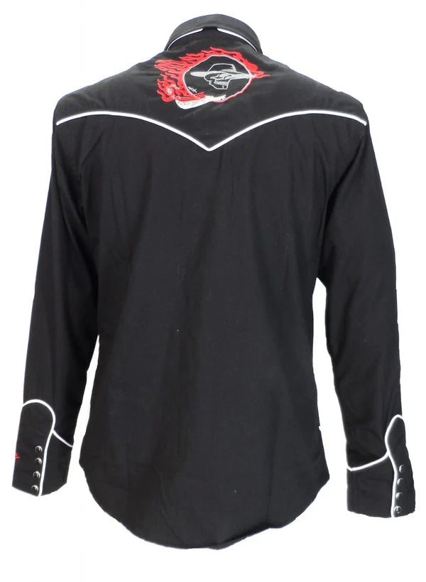 Black shirt with white accents and a red logo on the back, displayed against a white background.