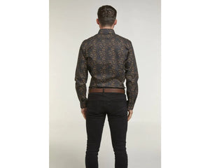 BLACK & BRONZE FLORAL PRINT LONG SLEEVE FORMAL SHIRT