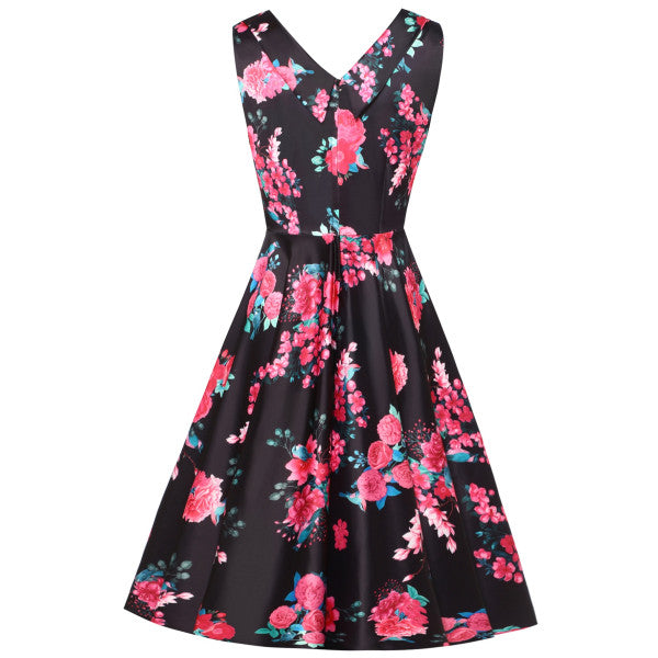 Grace Vintage Style Jive Dress In Black Pink Floral