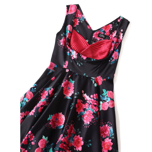 Grace Vintage Style Jive Dress In Black Pink Floral