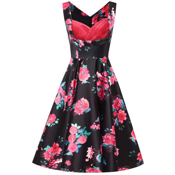 Grace Vintage Style Jive Dress In Black Pink Floral