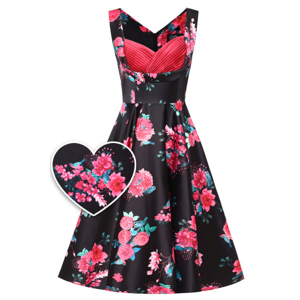 Grace Vintage Style Jive Dress In Black Pink Floral