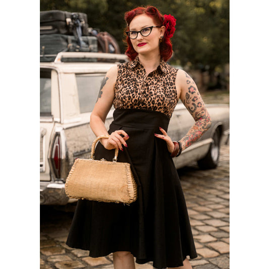 Lisa Black Leopard Collared Swing Dress