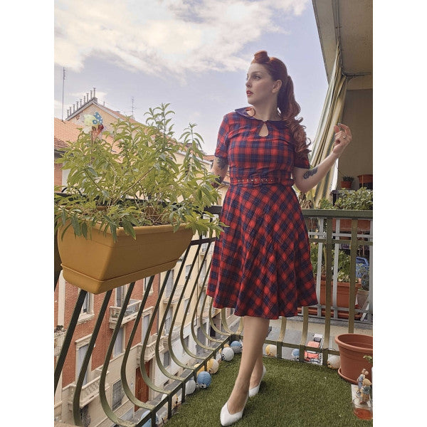 Evelyn Classic Pinup Check Swing Dress in Red Checks