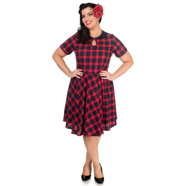 Evelyn Classic Pinup Check Swing Dress in Red Checks