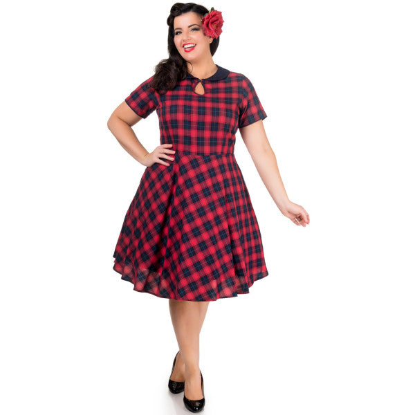 Evelyn Classic Pinup Check Swing Dress in Red Checks