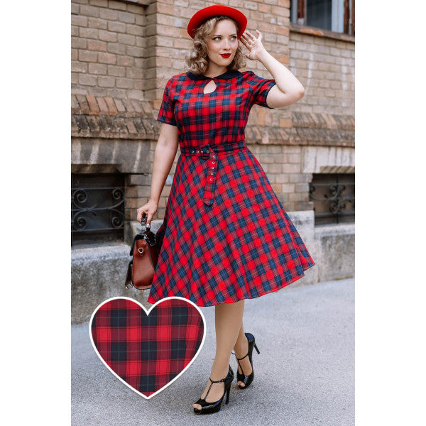 Evelyn Classic Pinup Check Swing Dress in Red Checks