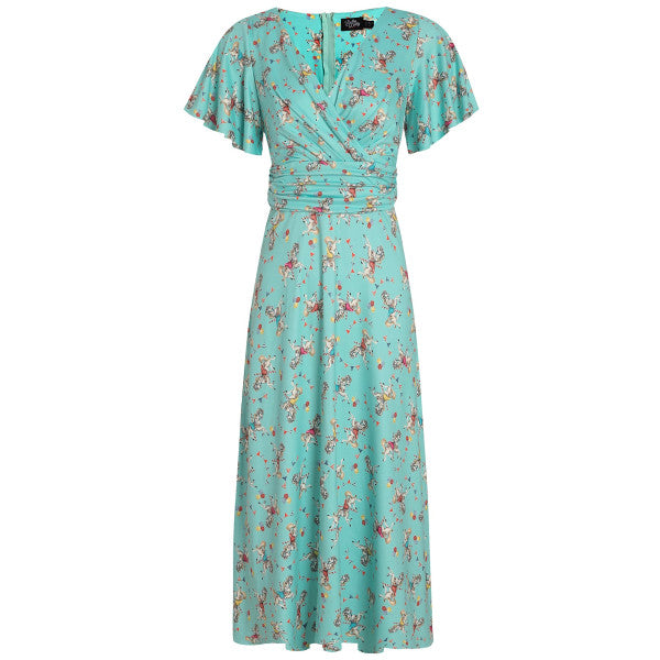 Donna Petal Sleeves Flared Bust Summer Dress in Turquoise Carousel Print