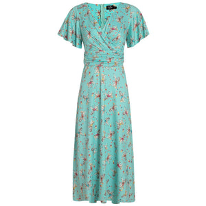 Donna Petal Sleeves Flared Bust Summer Dress in Turquoise Carousel Print