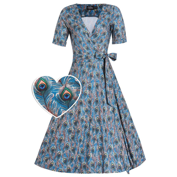 Matilda Blue Peacock Feather Stretchy Wrap Dress
