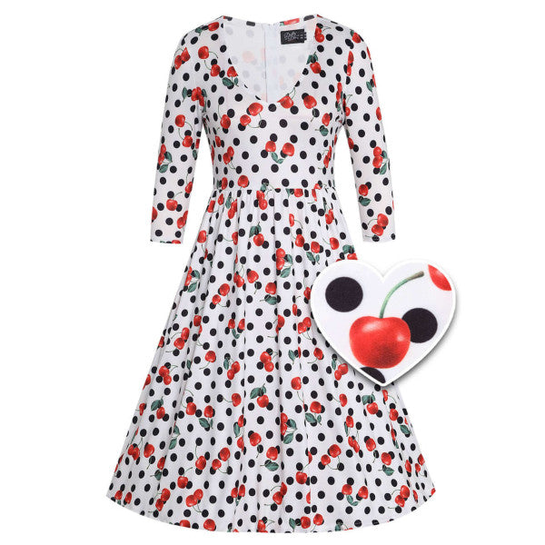 Billie Long Sleeved Dress in White Cherry & Polka Print