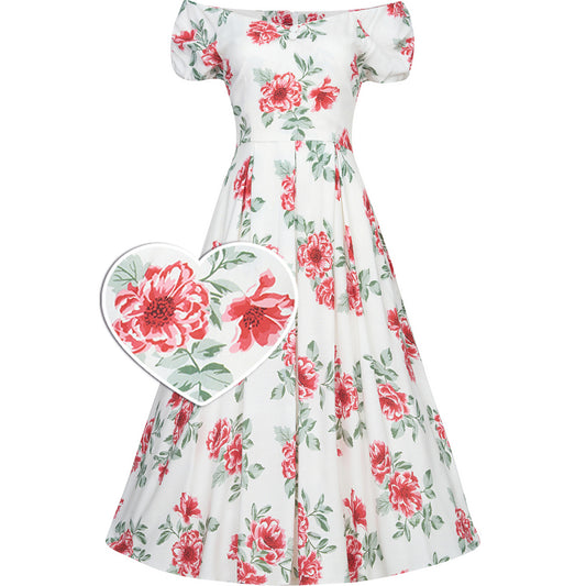 Lily Off Shoulder Sleeve White Floral Swing Dress