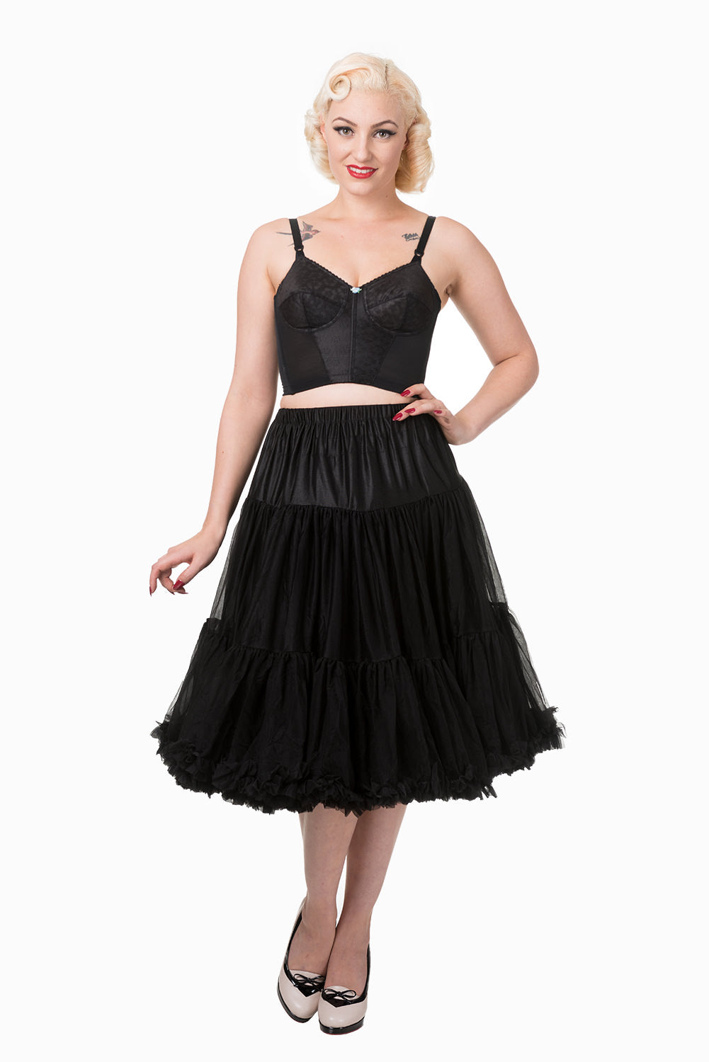 Dancing Days Lifeforms 50s Style 25"-27" Long Petticoat In Black; Dancing Days; Lifeforms Petticoat; 50s Style; 25"-27" Long Petticoat; Black; Modeled View