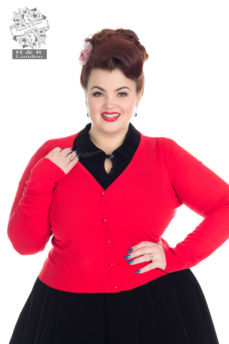 H&R London Plus Size V Neck Long Sleeve Cardigan In Red