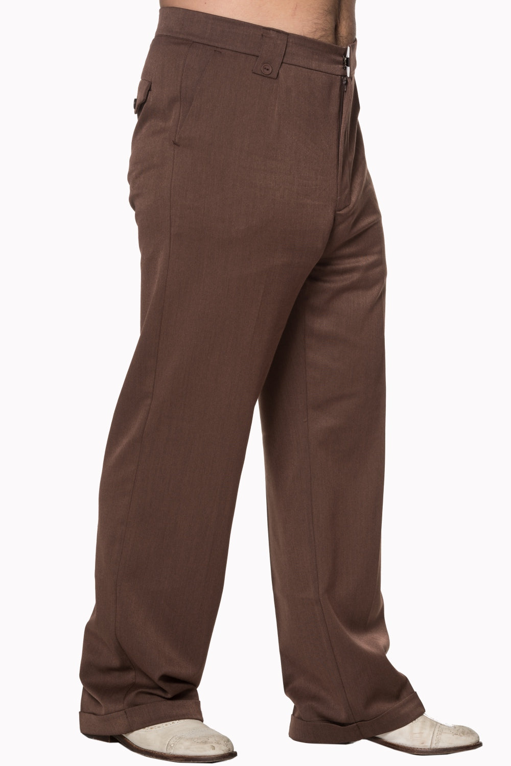 Banned Get In Line Brown 40s 50s Style Turn Up Trousers; Banned; Get In Line Trousers; Brown Turn Ups; Side View