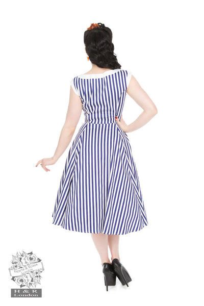 H&R London Blue Stripe Hepburn Neck Sleeveless Swing Dress