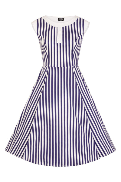 H&R London Blue Stripe Hepburn Neck Sleeveless Swing Dress