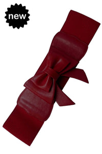 Dancing Days 50s Style Retro Elasticated Belt With Bow In Burgundy; Dancing Days; 50s Retro Style; Elasticated Belt; Burgundy Bow Design; Burgundy