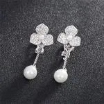 Clip On Earrings Cubic Zirconia Flower & Faux Pearl Long Drops