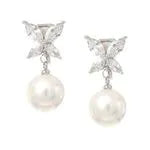 Clip On Earrings Cubic Zirconia Flower & Faux Pearl Drops