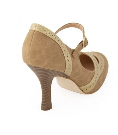 Angel Dust 1920s Inspired Strap High Heels in Light Tan & Gold