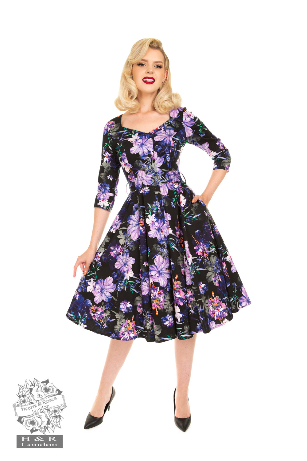 H&R London 50's Faye Purple Floral 3 Quarter Sleeve Swing Dress